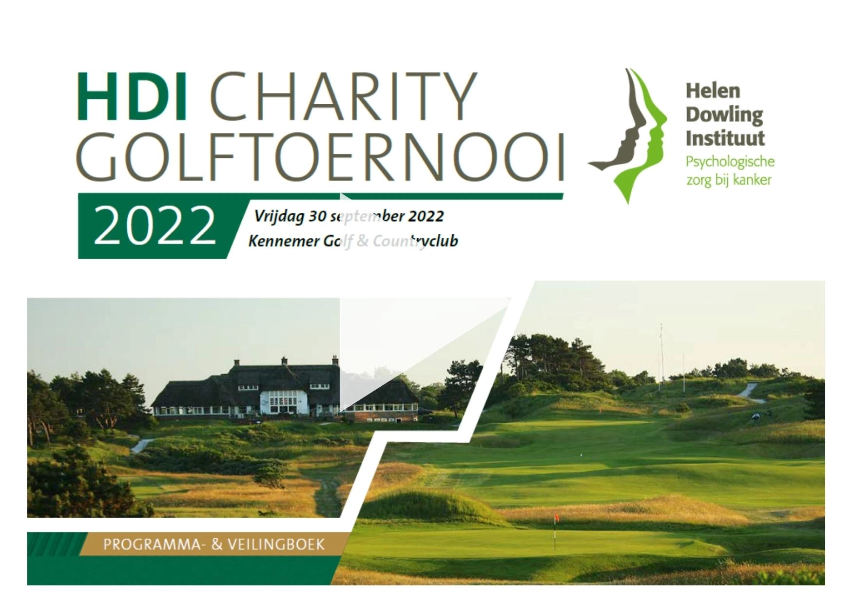 Op de voorkant van het programma- en veilingboekje van het HDI Charity Golftoernooi 2022 staat een play button.