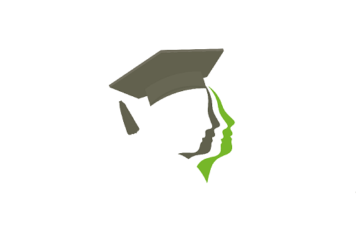 Je ziet het HDI-logo met drie gezichten in het grijs, wit en groen, die een professorsbaret draagt.