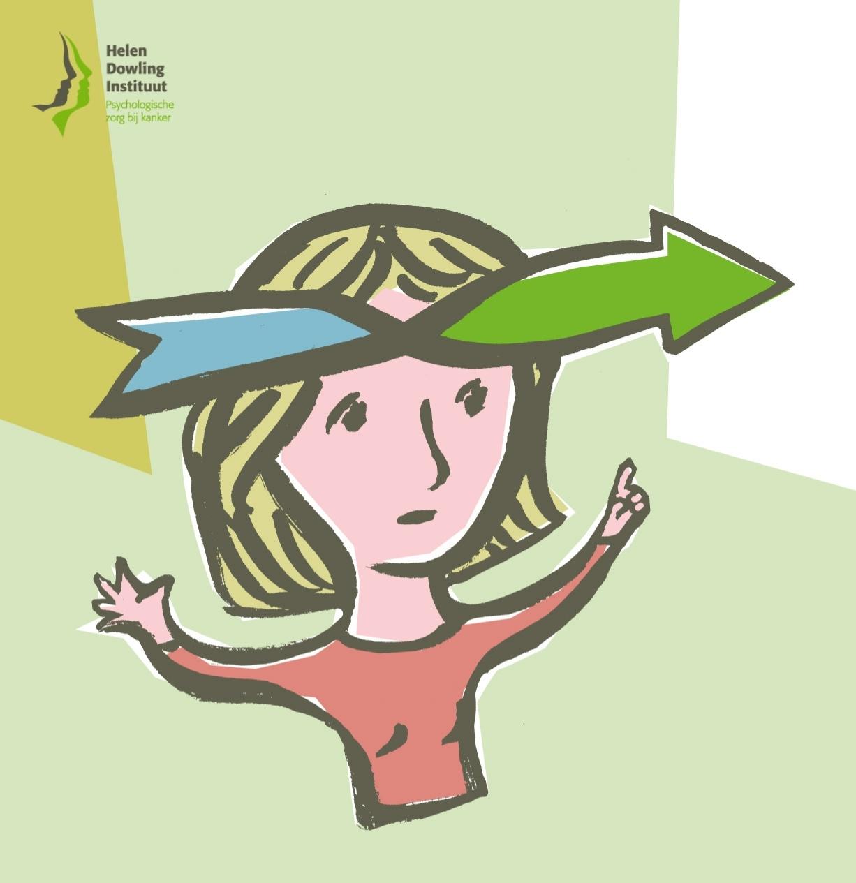 Illustratie bij het wetenschappelijk onderzoek MATCH, van het Helen Dowling Instituut: een vrouw staat met haar handen omhoog en heeft een pijl over haar hoofd die bestaat uit twee delen: de achterkant is blauw en de voorkant is groen.