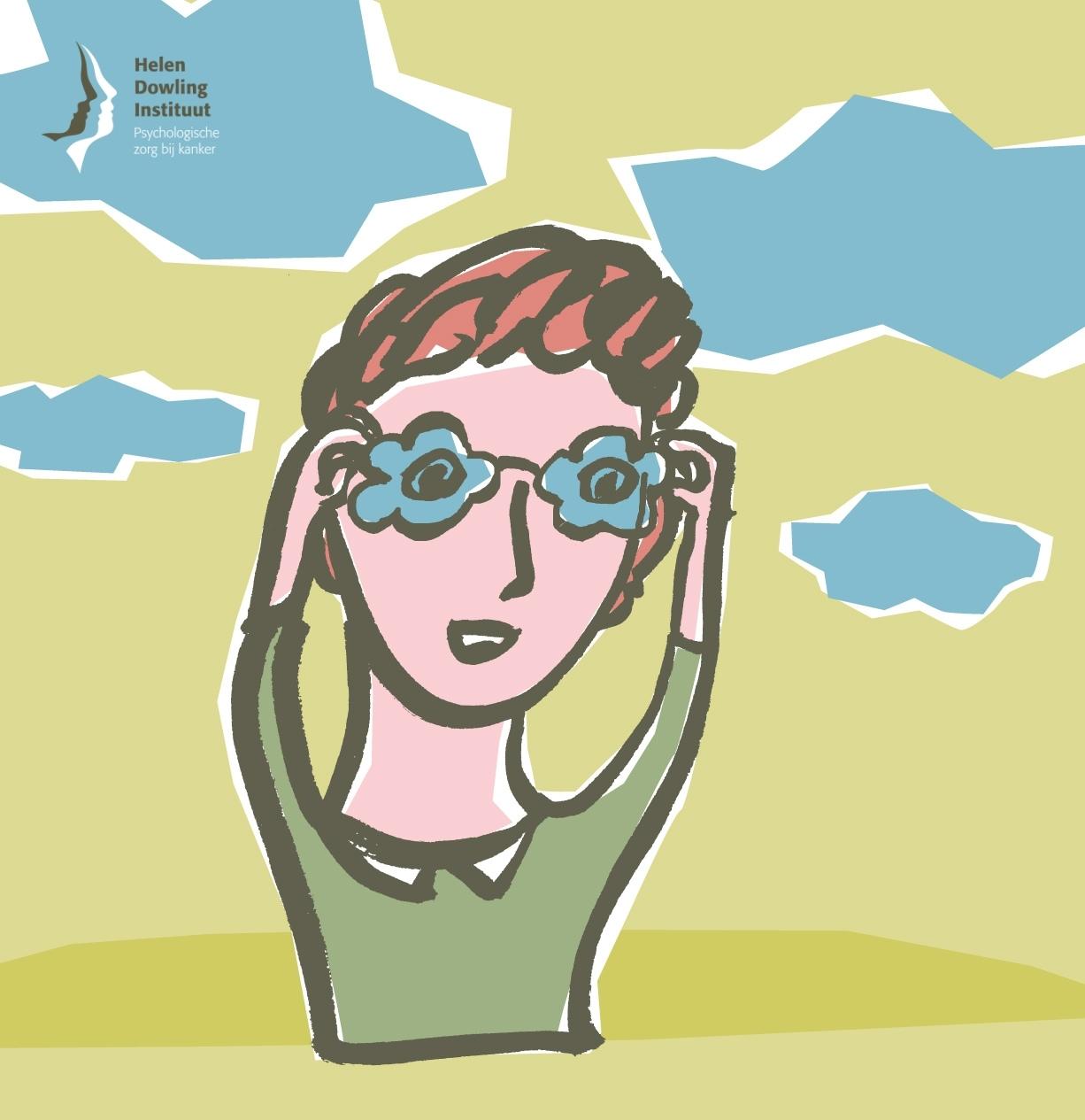 Illustratie bij het wetenschappelijk onderzoek SCHEMA van het Helen Dowling Instituut: een vrouw kijkt je nieuwsgierig aan door haar bloemetjesbril, terwijl ze de brilpootjes vasthoudt.
