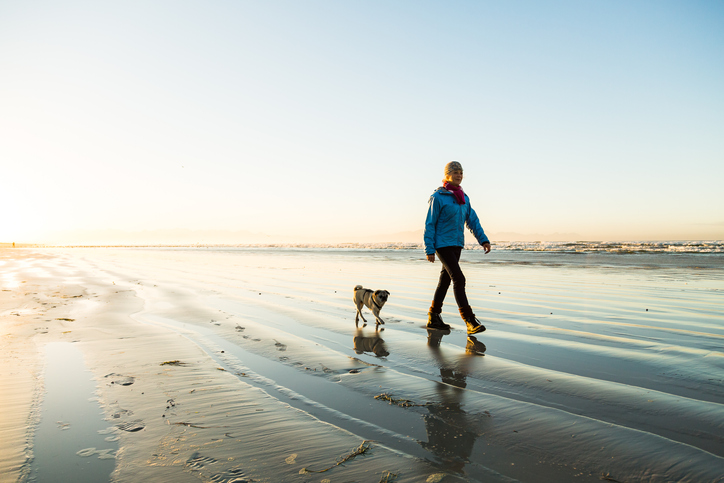 Senior woman walking her dog on the beach at dawn