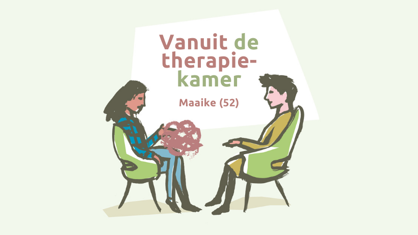 Illustratie van een therapeut en een cliënt in de therapiekamer: Maaike (52).